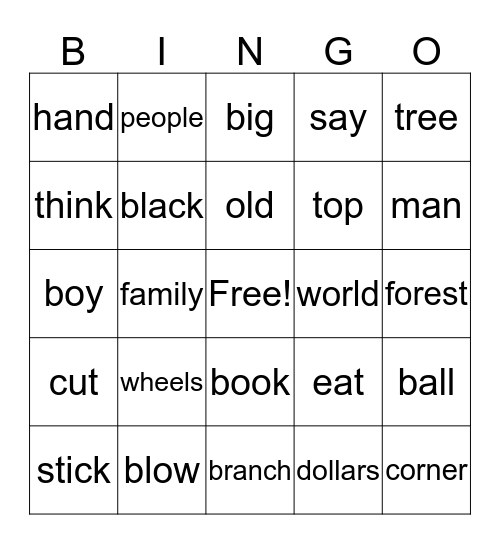 Sight Words Bingo Card