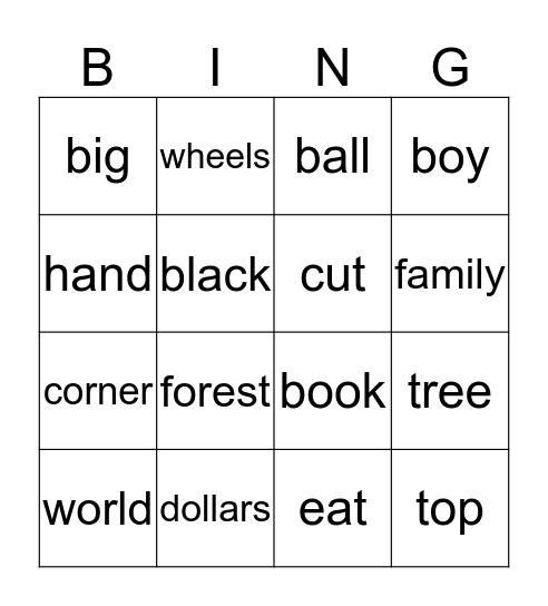 Sight Words Bingo Card