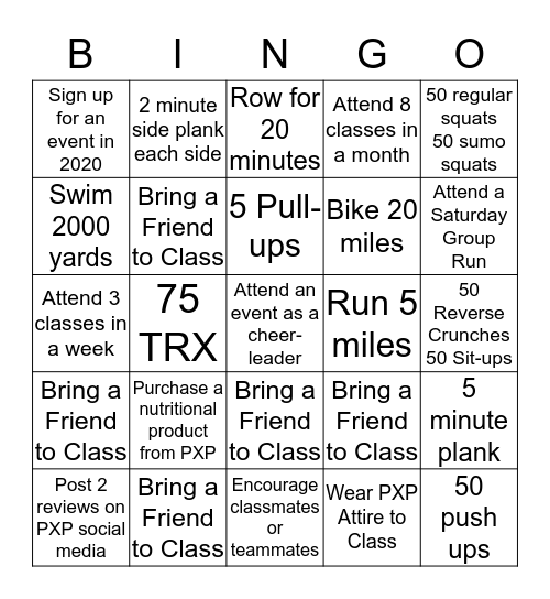 PXP Endurance Bingo Card