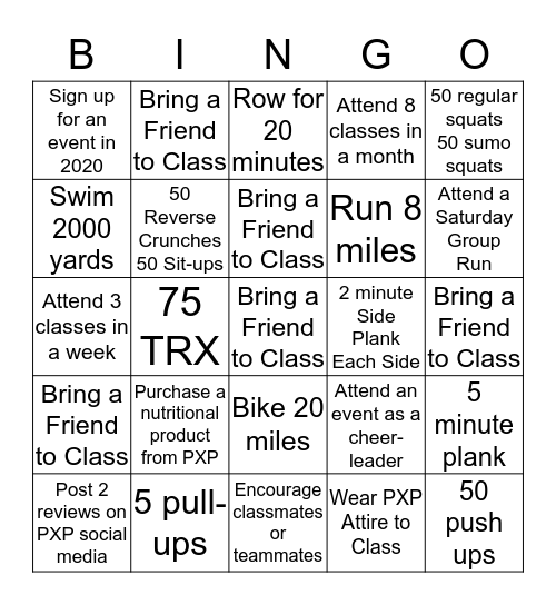 PXP Endurance Bingo Card