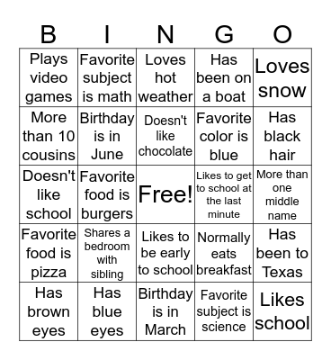 Junior High Real Life Bingo Card