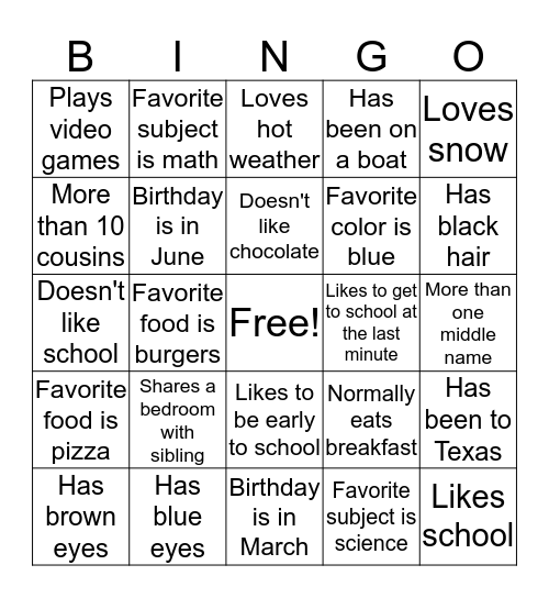 Junior High Real Life Bingo Card