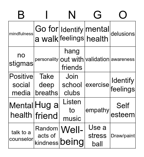 Mental Health Bingo Card