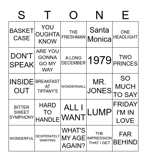 90'S ROCK Bingo Card