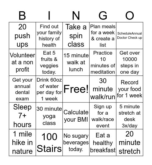 Fall Fitness November Bingo Challenge Bingo Card