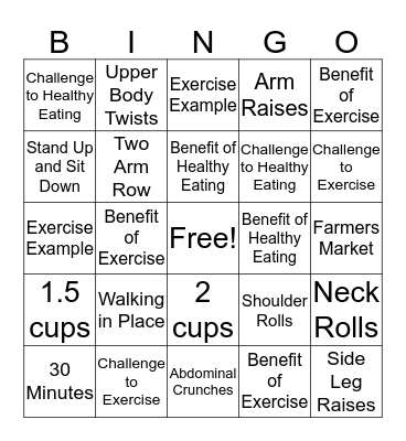 Fitness and Nutrition Bingo! Bingo Card
