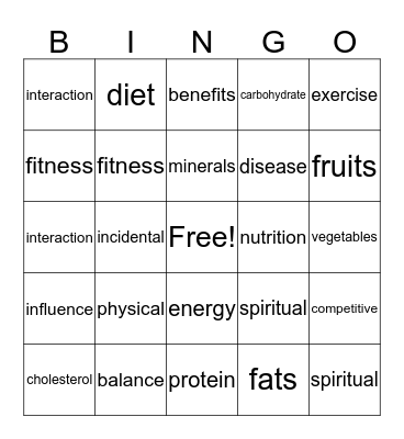 Fitness Bingo Card