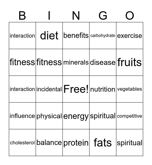 Fitness Bingo Card