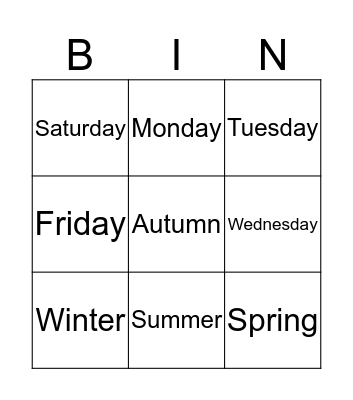 Seasons and Days Bingo Card