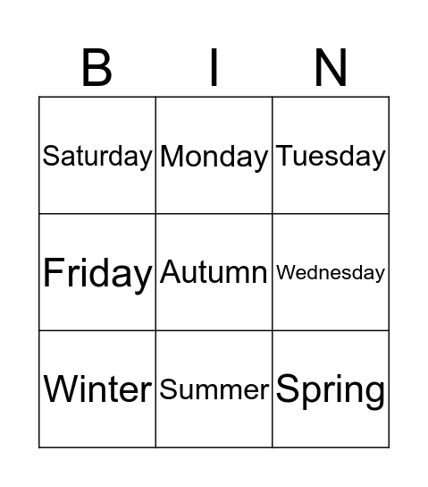 Seasons and Days Bingo Card