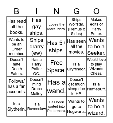 Potterhead Bingo Card