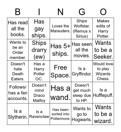 Potterhead Bingo Card