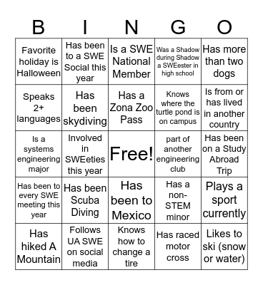 SWE Bingo! Bingo Card
