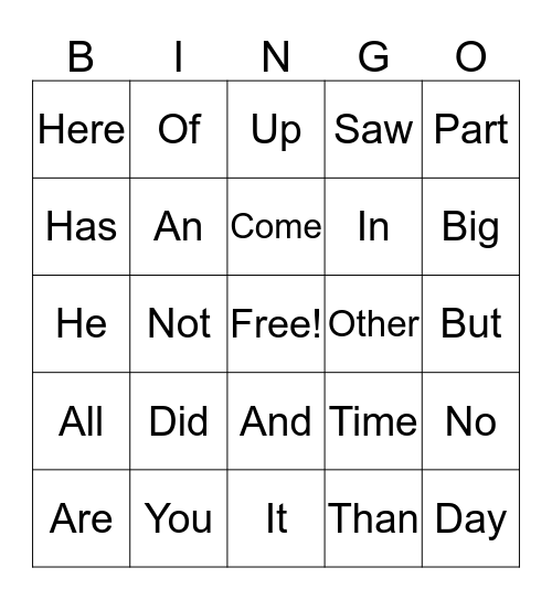 Sight words Bingo Card