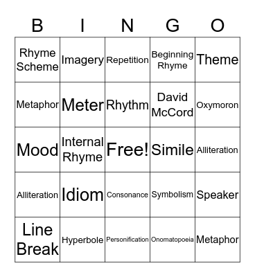 Poetry Bingo Card
