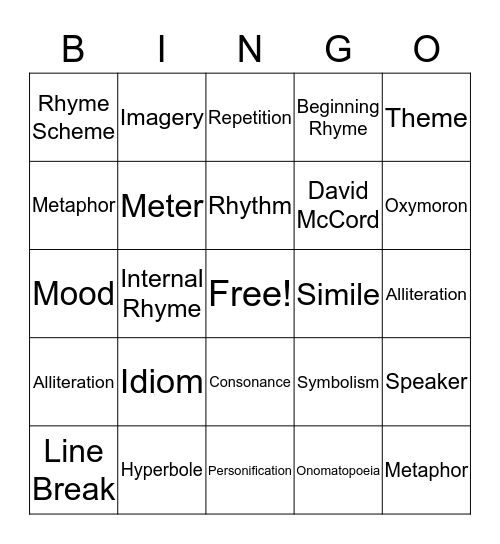 Poetry Bingo Card