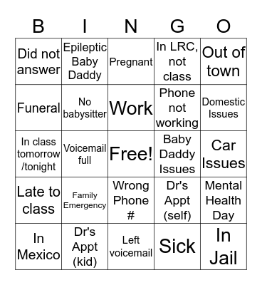 Class Attendance BINGO Card