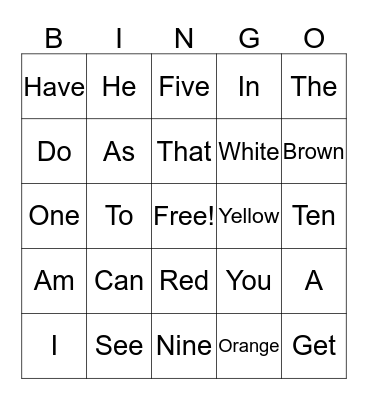 Sight Words Bingo Card