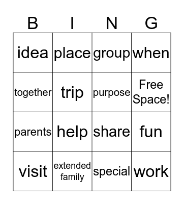 My Family- Unit 1  Bingo Card