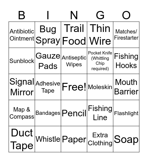 Outdoor Survival Kit Bingo Card