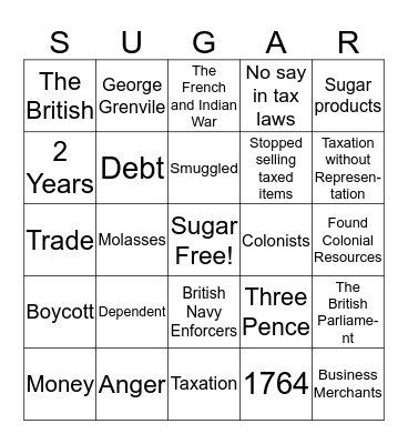 The Sugar Act Bingo Card