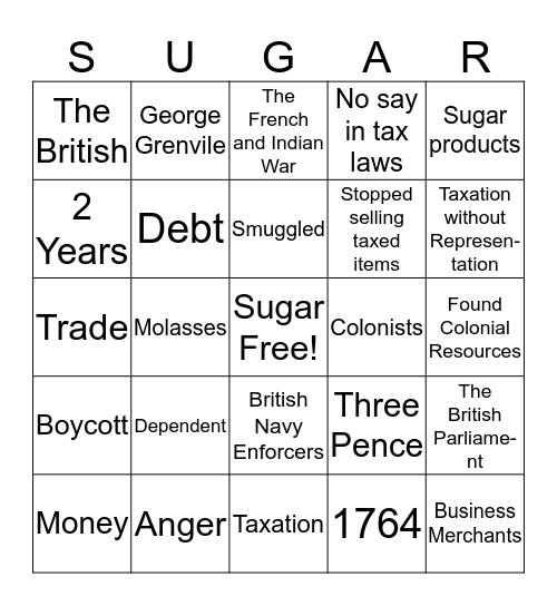 The Sugar Act Bingo Card