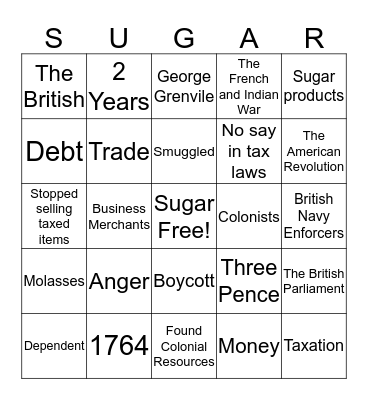 The Sugar Act Bingo Card