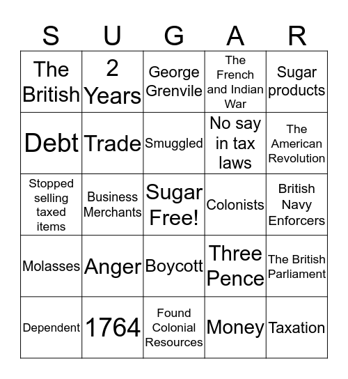 The Sugar Act Bingo Card