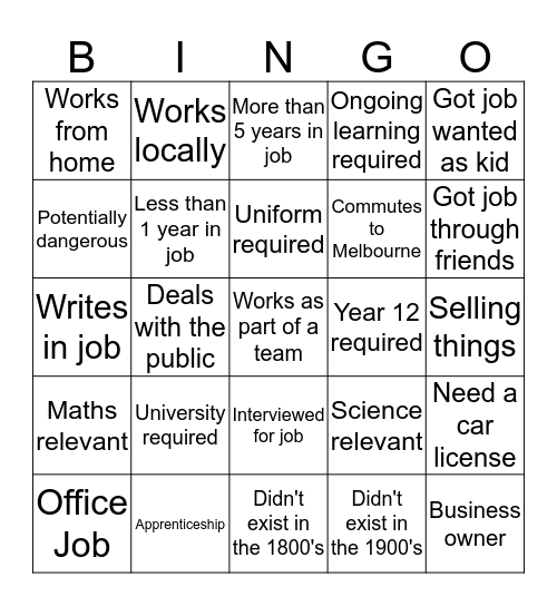 Job Bingo Card