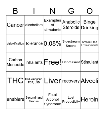 8th Grade PD Alcohol, Tobacco, and Drugs Bingo Card