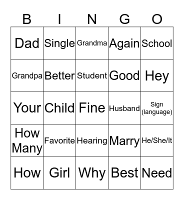 ASL Level 1-3 Bingo Card
