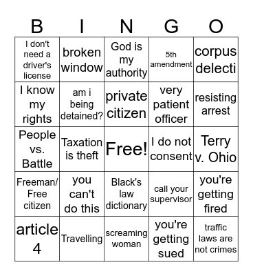 Sovereign Citizen Bingo Card