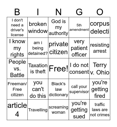 Sovereign Citizen Bingo Card