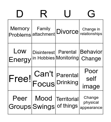 Substance Abuse Bingo Card