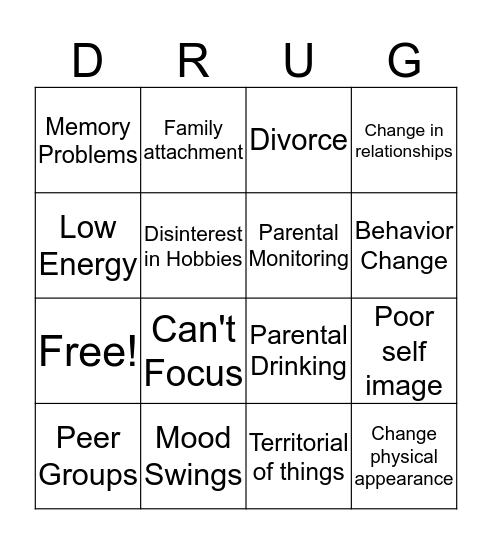 Substance Abuse Bingo Card