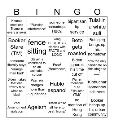 Democratic Debate Bingo Card