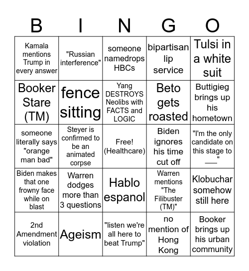 Democratic Debate Bingo Card