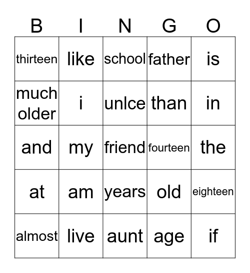 Engelse Bingo Card