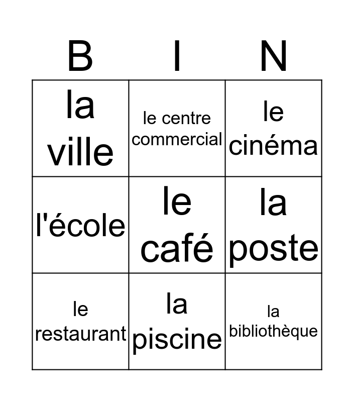En ville Bingo Card