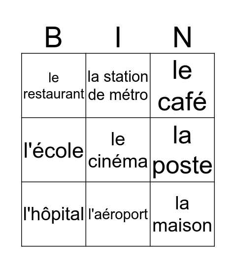 En ville Bingo Card