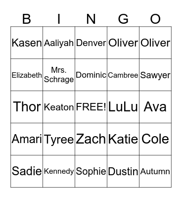 Kindergarten Bingo Card