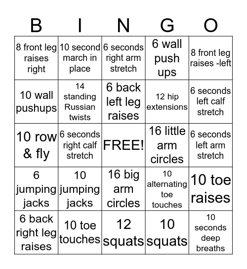 Exercise Roulette Bingo Card
