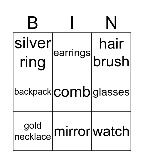 Accessories & Objects Bingo Card