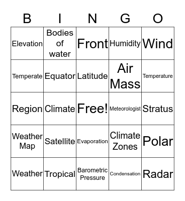 Weather/ Climate Bingo Card
