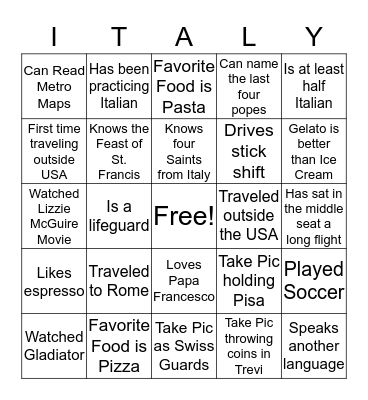 Italy 2020 Bingo  Bingo Card