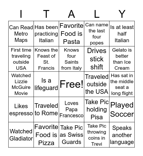Italy 2020 Bingo  Bingo Card