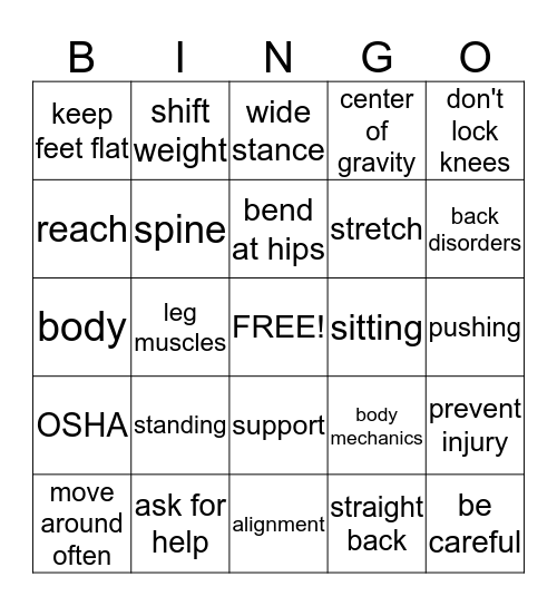 Body Mechanics Bingo Card