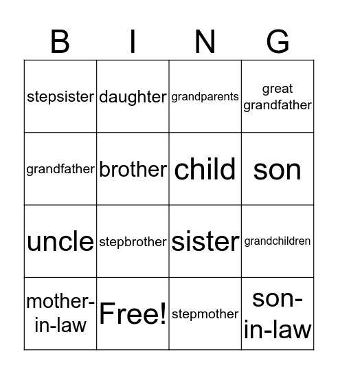 Family members Bingo Card