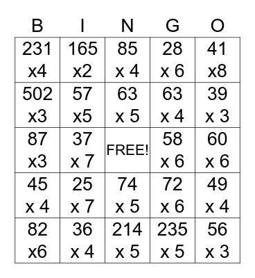 Multiplication with base 10 Bingo Card