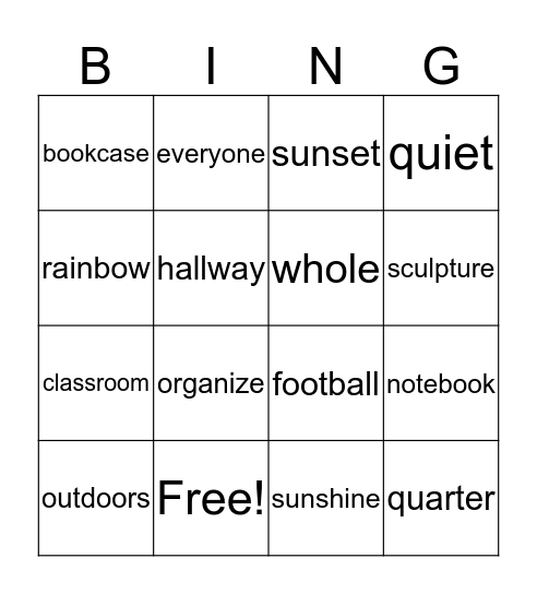 Spelling Words Grade 1 Bingo Card